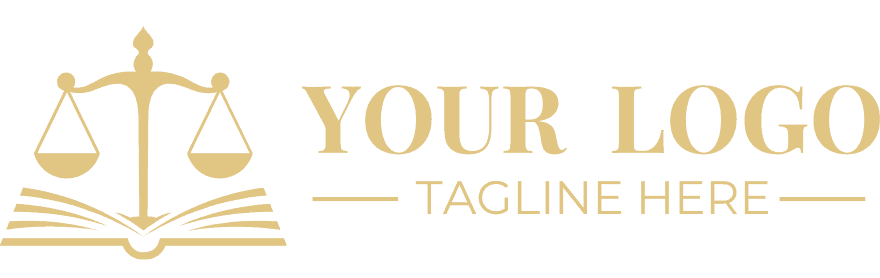 Logo featuring scales of justice above an open book with the text "YOUR LOGO" and "TAGLINE HERE" on the right.